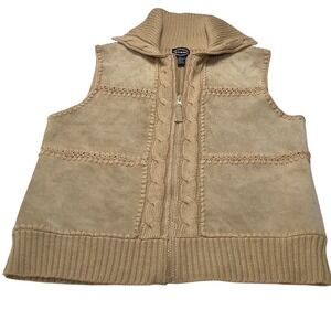 Designers Studio Originals‎ Tan Leather Knit Zip Sweater Vest Mock Neck Medium